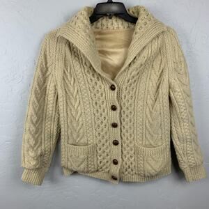 Vtg 1970s Cable knit wool cardigan WomenvMedium Tan Fisherman Shawl Collar Lined